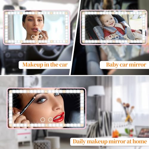 Image of Car Sun Visor Vanity Mirror with Lights, Pink Rechargeable Car Makeup Mirror Accessories, Birthday Gifts for Women Girl, 3 Light Modes, Dimmable Touch Led Screen, Universal for Car Truck