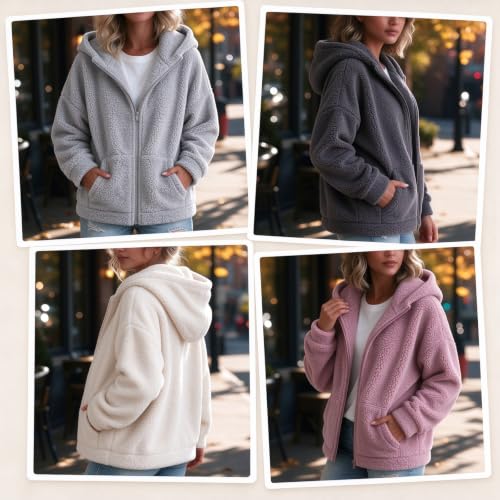 Sherpa Fleece Jacket Women Casual Warm Cozy Full Zip Hooded Coats Coffee - image 3
