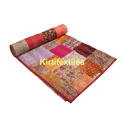 Image of Silk Hand Made Design Kantha Quilt Blanket, Bed Cover, Bedspread (Size 90 inch X 108 inch) - Multicolour
