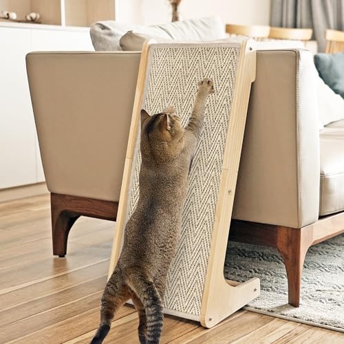 PETKARAY L Shape Cat Scratcher, Sisal Scratching Ramp, Chevron Scratching Pad for Indoor Cats, 27" Wall Furniture Protector with Mouse Toy