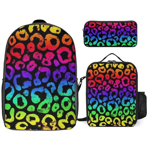 17 Inch Backpack with Lunch Bag and Pencil Case Set Animal Neon Rainbow Colorful Cheetah Leopard Print Black Casual Daypack Insulated Lunch Box Stationery Organizer Pouch
