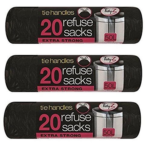 Tidyz3 X 20 (60 Tie Handles Kitchen Liners 50L Extra Strong Black Swing Bin Bags Refuse Waste Rubbish Sacks, 10 x 10 x 10 cm