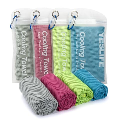 YESLIFE 4 Pack Cooling Towel 40'x12', Gym Towels for Men and Women, Soft Breathable Workout Towels for Yoga, Running, Sport, & More (Blue, Grey, Green, Pink)
