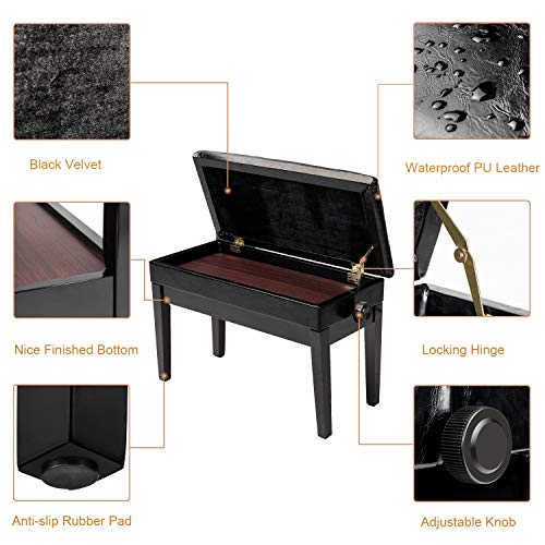 Bonnlo Adjustable Duet Piano Bench with Storage Black Faux Leather Piano Stool Deluxe Padded Seat with 2” Thick Cushion