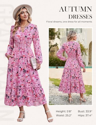 Image of GRACE KARIN Women's Floral Maxi Dress 2026 Fall Long Sleeve V Neck Empire Waist A Line Flowy Dress with Pocket