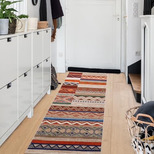GarveeHome Vintage Patchwork Runner Rug 2x6 Washable Beige Runners for Hallway, Non Slip Geometric Carpet, Stain Resistant Tribal Soft Mat, Low Pile Foldable Floor Cover for Entryway Bathroom Bedroom