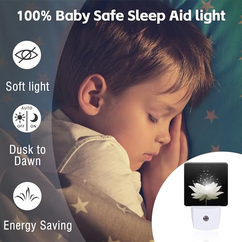 Image of Magic White Lotus Flower Night Light for Kids, Glowing Lotus Floral Night Light Plug in with Dusk to Dawn Sensor, 0.5w Energy Saving Sleep Friendly Nightlight for Hallway Stairway Kitchen Bedroom