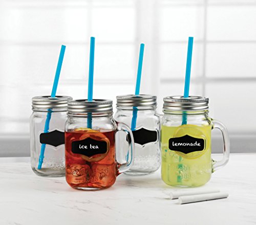 Circleware Yorkshire Mason Jar Drinking Mugs With Glass Handles, Fun Chalkboard, Metal Lids And Hard Plastic Blue Straws, Set Of 4, 17.5 Ounce, 4 Count (Pack Of 1), Clear #TOP4