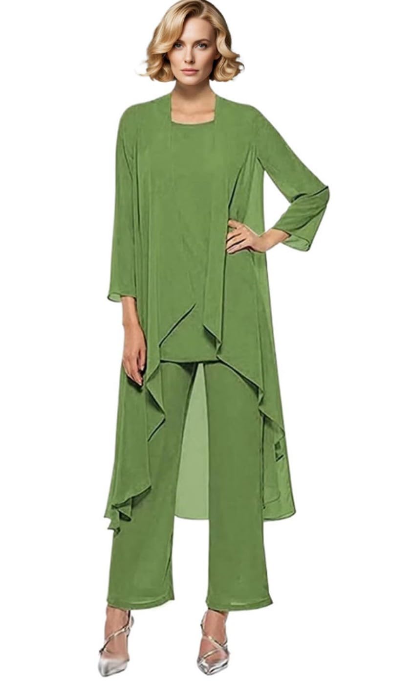 Leader Of The Beauty Women's Olive Green Mother Of The Bride Pant Suits 3 Pieces Chiffon Long Outfit Sets For Wedding Mother Pant Suit With Vest