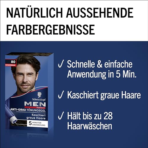 Foto von Schwarzkopf Men Perfect Anti-Grau Tönungs-Gel 80 Schwarzbraun (80 ml), Haarfarbe für Männer blendet graue Haare aus, Anti-Grau Tönung für ein natürlich aussehendes Ergebnis
