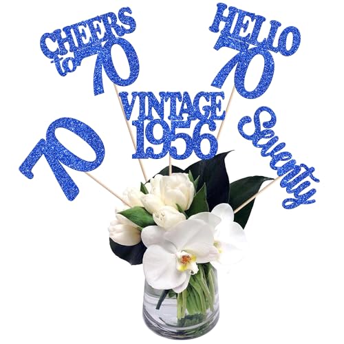 15PCS Happy 70th Birthday Centerpiece Sticks Hello 70 Vintage 1956 Table Flower Centerpieces Sticks Seventy Cheers to 70 Floral Decoration for 70th Birthday Party Centerpieces Supplies Blue