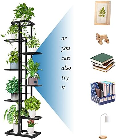 IBEQUEM 8 Tier Metal Tall Plant Stand, Multiple Flower Pot Holder Shelves, Planter Rack Storage Organizer Display for Indoor Outdoor Balcony Garden (Dark Gray)