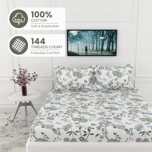 Image of LORETO - A QUALITY LINEN BRAND 144 TC 100% Pure Cotton Double /Queen Fitted Bedsheet with 2 Pillow Covers for 72 x 60 Inch Mattress, All-Around Elastic, 8 Inch Deep Pocket, Sage Green & Silver Blooms