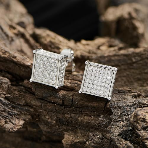 Silver Square Stud Earrings for Men with Full Cubic Zirconia Hypoallergenic Earrings Studs for Sensitive Ears Trendy Mens Hiphop Stud Jewelry