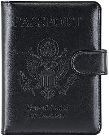 KINGMAS Passport Holder Cover, Vaccine Card Holder RFID Blocking Travel Passport Wallet Leather Case for School Bussiness Trip Travel and Go Abroad (Black, Magnetic Buckle)
