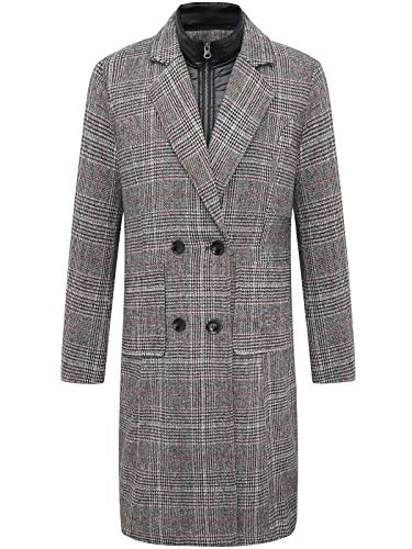 Women's Double Breasted Wool Plaid Peacoat Notch Lapel Walker Coat with Removable Bib Grey L