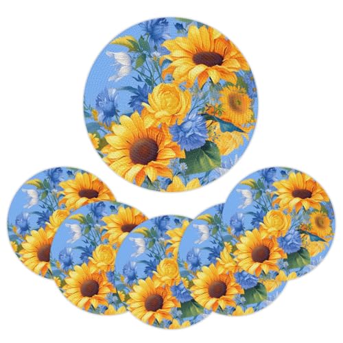 Mintoprints Juego de 6 manteles individuales redondos trenzados de 15 pulgadas, color azul girasol, manteles individuales lavables para mesa de cocina y comedor
