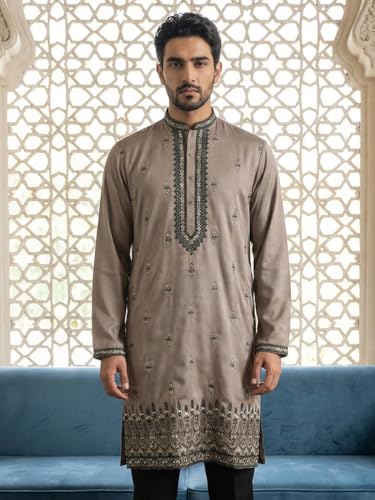 Image of Jompers Men Embroidered Silk Blend Kurta (Brown, M)