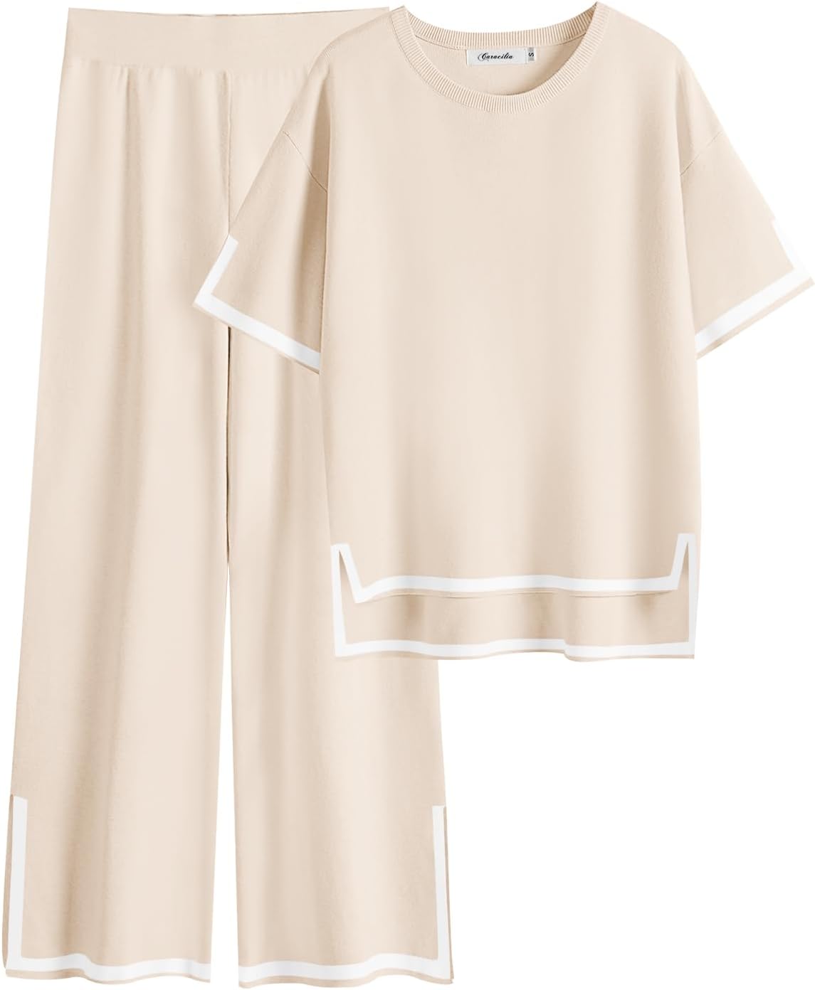 Caracilia Womens Two Piece Outfits 2024 Summer Knit Sweater Sets Short Sleeve Lounge Matching Set Lounge Wear Fashion Clothes