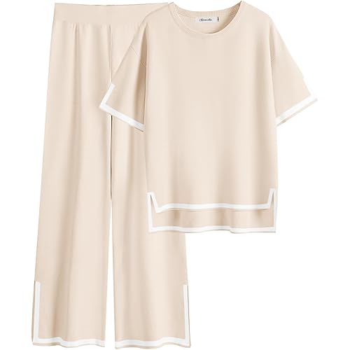 Caracilia Womens Two Piece Outfits 2024 Summer Knit Sweater Sets Short Sleeve Lounge Matching Set Lounge Wear Fashion Clothes