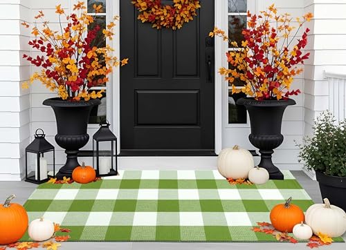 Green and White Front Porch Rug 2'X4.3'Buffalo Plaid Checked Outdoor Rug Cotton Woven Washable Layering Door Mat for Welcome Mat Entryway Bedroom Living Room