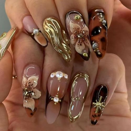 CharmeFleur 3D Handmade Stickers-Brown Almond False Nails with 3D Flower Cross Designs, Medium Length, French Style Stick-on Nails, Glossy Fake Nails, 24 Pieces