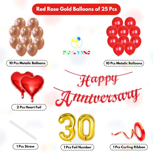 Image of Flyloons 30th Happy Anniversary Decoration Items Red Rose Gold for Men Women Husband Wife Mom Dad Parent Couple Home Bedroom Car With 20 Pcs Metallic Balloons Anniversary Banner 2 Pcs Heart Set Kit