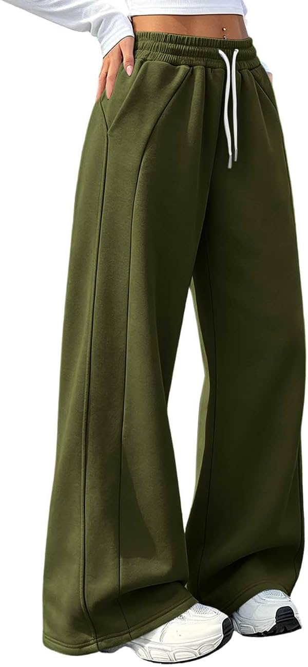 Pantalones de Pierna Ancha Forrados en Vellón para Mujer con Cordón para Uso Diario Casual