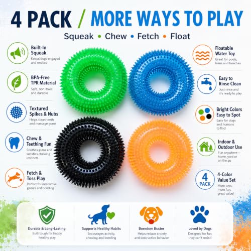 Image of Dog Chew Toys for Aggressive Chewers, Squeaky Floating Donut Rings, 4 Pack