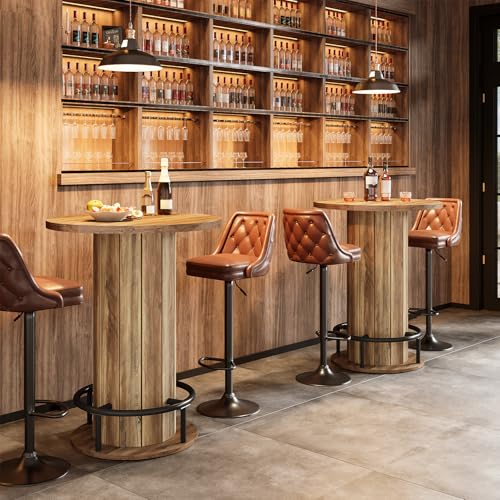 Image of Tribesigns Round Dining Table Set of 2, Bar Height Commercial Kitchen Table with Wood Strip Base and Footrest, for Dining Room, Restaurant, Cafe, Bakery, Pub, Bistro, Apartment, Brown (Only Table)