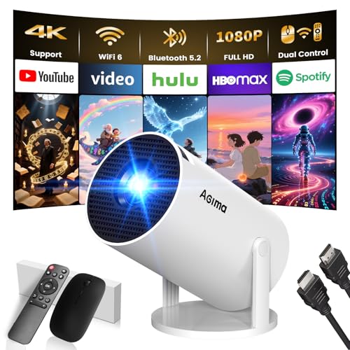 [App Intégrée] Mini Vidéoprojecteur 1080P 4K Supporte Mini Projecteur Portable,Dual Contrôle avec Souris Android TV WiFi 6 BT5.2 180° Rotation Compatible Con HDMI/TV Stick/USB/Laptop, Blanc