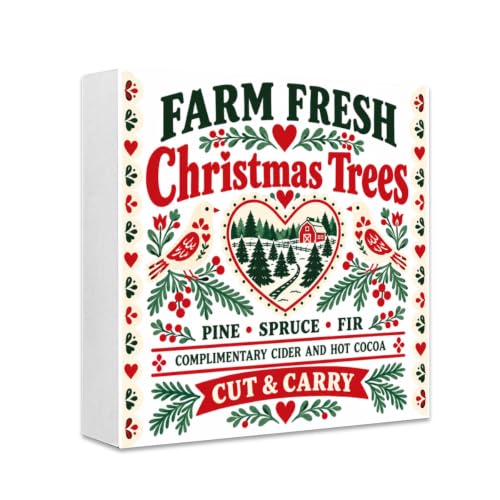 TopPacific Christmas Coffee Wooden Box Sign White 5x5 Inch Farm Fresh Christmas Trees Pine Spruce Fir Complimentary Cider And Hot Cocoa Cut And Carry Red For Kitchen Bar Shelf Decor