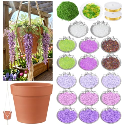 Potchen 13155 Pcs Wisteria Craft Beaded and 5 Inch Clay Pot Planter DIY Set Glass Beads Plant Flower Making Kit with Artificial Moss Hanging Rope Purple Nature Series Colorful Crystal Leaf Jewelry
