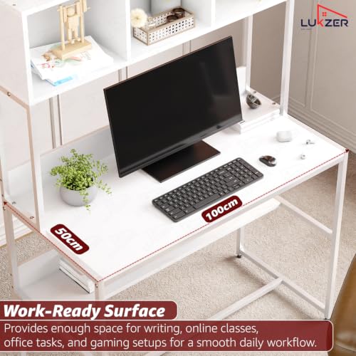 Image of Lukzer Wooden Study Table with Bookshelf & Hutch (MST-011 /White & White) Engineered Wood & Metal Office Desk with 3 Storage Shelf for Home | DIY Writing & Computer Table for Laptop /PC (150x103x50 cm)