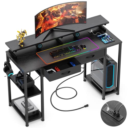 GIKPAL Computer Desk with Drawer, 47 inch Gaming Desk with Power Outlets and Storage Shelves, Home Office Writing Work Desks with Monitor Stand, Black