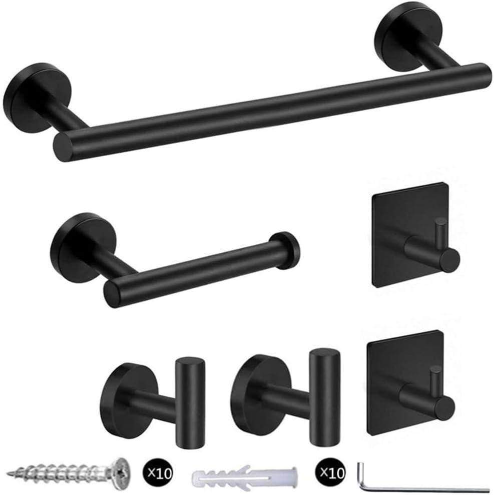 szhdxsy 6Pack Matte Black Bathroom Hardware Set, SUS 304 Stainless Steel Towel Holder Wall Mounted -Include16inch Towel Rack,Toilet Paper Holder, Wall Towel Hooks and Adhesive Bathrobe Hooks.