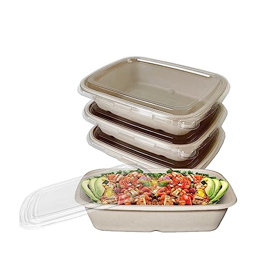 EcoQuality 29oz Disposable Bowls with Clear Lids - Rectangular Compostable Sugarcane Fiber Biodegradable Paper Bowls Eco-Friendly Take Out Food Storage Containers, Microwave Safe, Meal Prep (500 PACK)