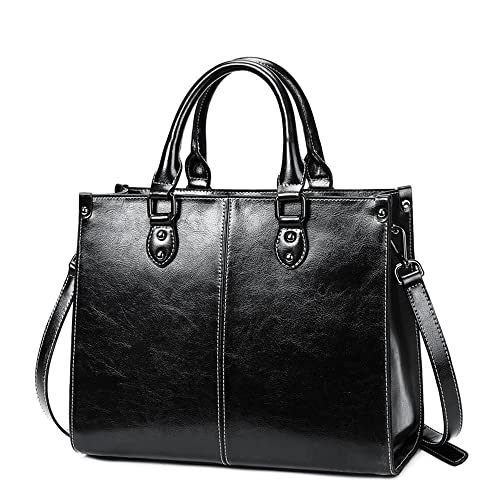 Bolsa grande feminina de couro legítimo com alça superior, bolsa tiracolo de couro brilhante, Preto