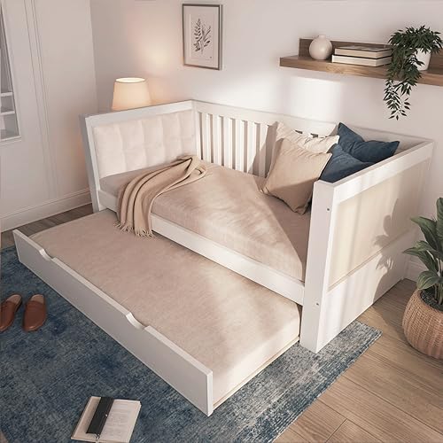 Hmluxury Cama de día 90 x 190 cm con cama nido, cama de madera maciza que ahorra espacio, color blanco, para habitaciones de invitados, somier de láminas, fácil montaje