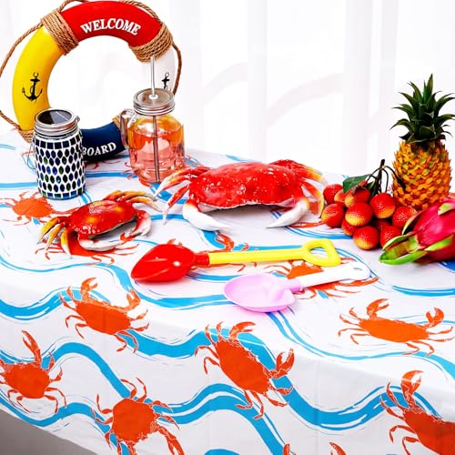 Image of Juexica 2 Pcs 54 x 108 Inch Crab Boil Party Table Cloth Summer Seafood Party Supplies Plastic Crab Tablecover Decorations Rectangular for Sea Animals Dining Kitchen Centerpiece (Blue Waves Style)