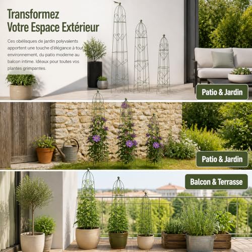 Support vertical pour fleurs en colonne de fer obélisque vert haricot vieilli extérieur - 5