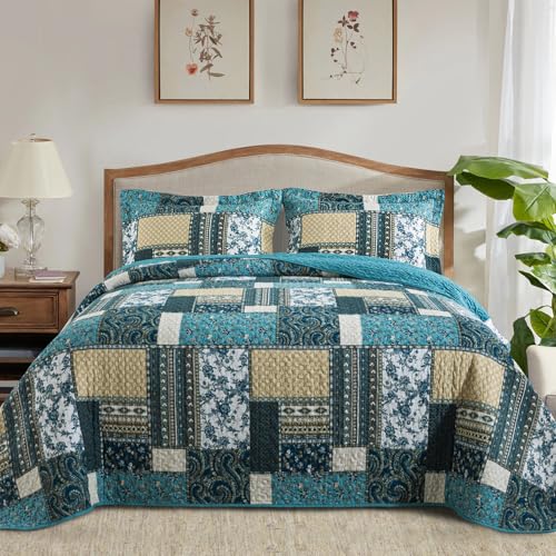 BEDIFANY Cotton California King Size Quilt Set, Lightweight Bedspread Oversized King Coverlet, Soft Farmhouse Quilt Bedding Sets for Bed Decorations for All Seasons (3 Pieces, Blue)