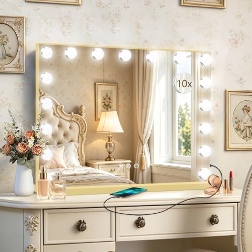 Ratsamee Gold Hollywood Vanity Mirror with Lights, 17 Dimmable Bulbs, 3 Color Lights,Make Up Lighted Mirror, Aluminum Metal Frame, USB Charging Port（28" x 20"）