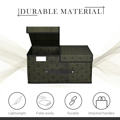 Image of Kuber Industries Non-Woven (Pack of 2) Cloth Organizer for Wardrobe (Small) Foldable Storage Box with Double Lid | Drawer Organiser | Golden Dot | Black