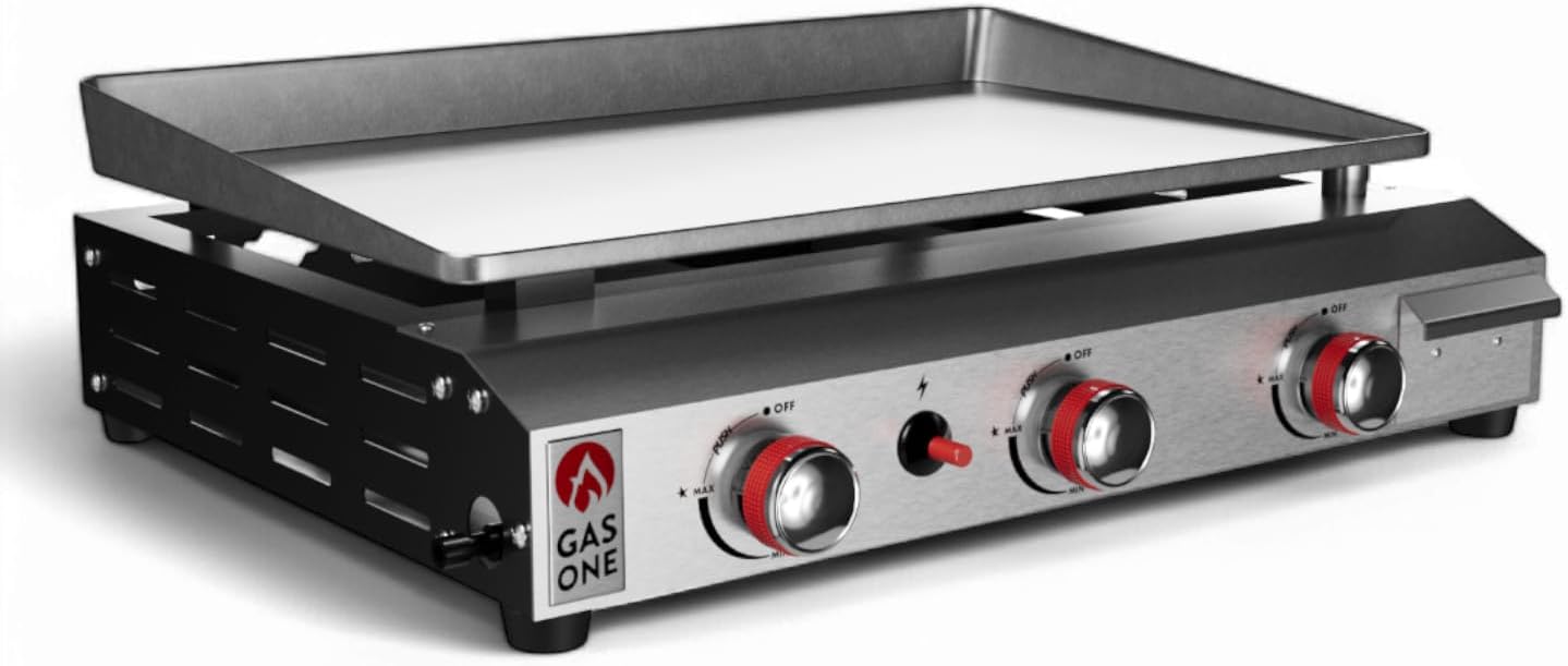 Gas One Flat Top Grill with 3 Burners – Auto Ignition Propane Portable Gas Grill – Premium Stainless Steel Body Tabletop Grill with Pre Season Griddle – Convenient Drip Tray – Ideal for RV, Camping