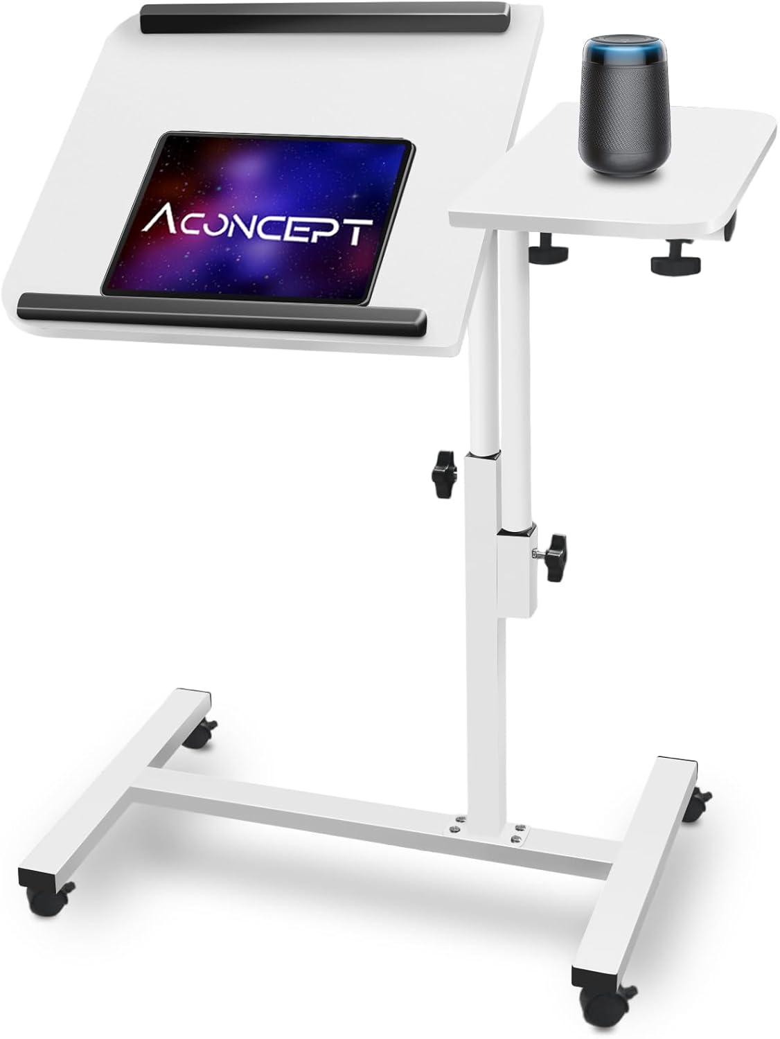 Aconcept Dual Tilt-Swivel Desktop Adjustable Height Bed Desk, White Portable Rolling TV Dinner Overbed Tray Table, Laptop Side Table for Living Room, Bedroom, Sofa