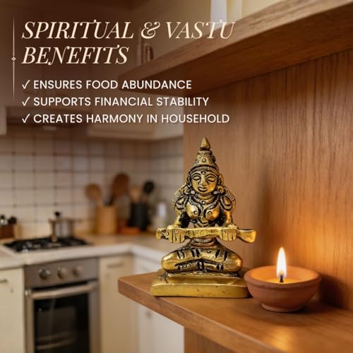 Image of Plus Value Goddess of Food Maa Annapurna Devi Brass Idol Statue Deity Vastu Products for Home, Restaurant, Hotel, Temple Pooja Room Decor Keep in Rice Jar (Size 2-inches)