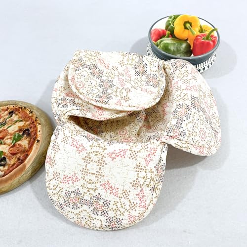 Image of Swayam 100% Cotton Cloth Roti Casserole | Hot Chapati Box | Washable Bread Basket | 22 cm Round Roti Basket | Geometric Design - Beige
