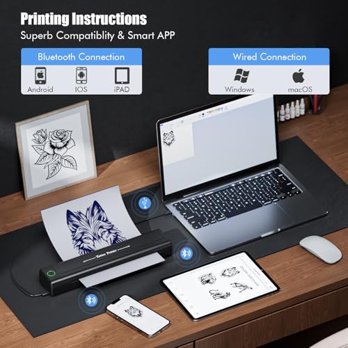 TATELF H1 Stencil Drucker Tattoo, Bluetooth Tattoo Drucker Printer Thermodrucker mit 10 Stück Papier, Schablone Tattoodrucker Kompatibel für Tattoo Künstler und Anfänger