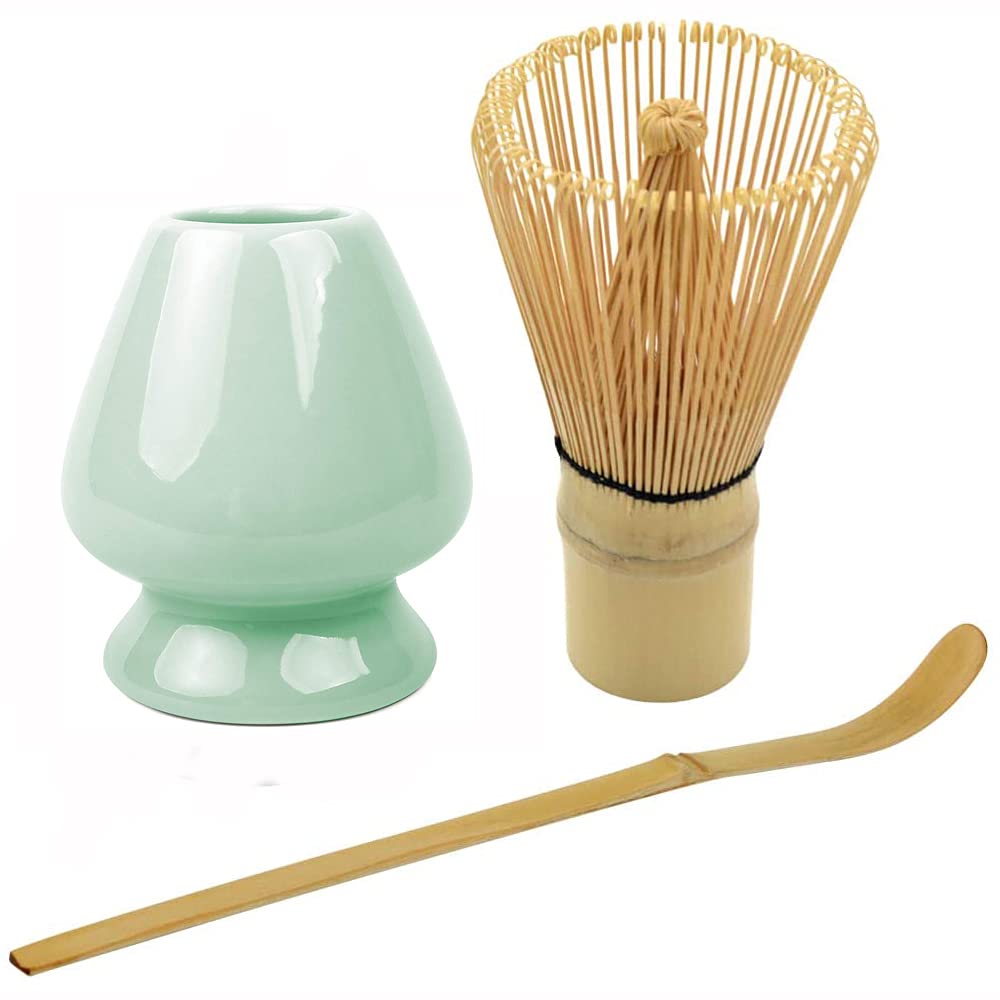 Ancllo #2 3 Piece Japanese Matcha Tea Set,Bamboo Whisk/Ceramic Matcha Stand Holder/Bamboo Spoon For Traditional Japanese Tea Ceremony